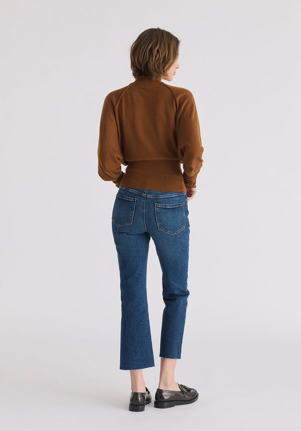 Mock Neck Batwing Jumper with Ruched Cuffs in Brown Back